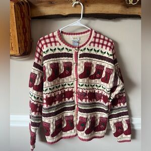 RARE Talbots Christmas Stocking Hearts Mistletoe Cardigan Sweater M